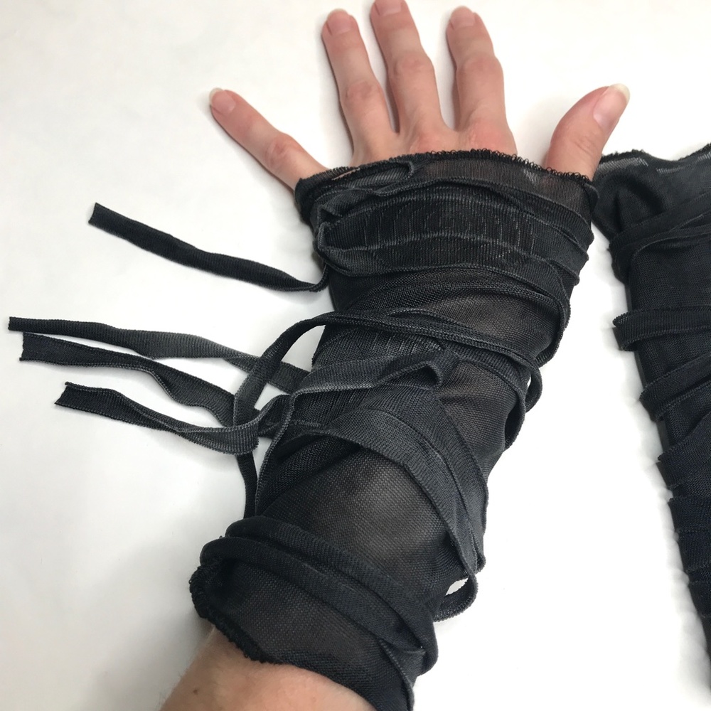 Mummy Gloves Black Hand Warmers Halloween Costume Zombie Arm Cuffs Gray Cut Out - Picture 3 of 5